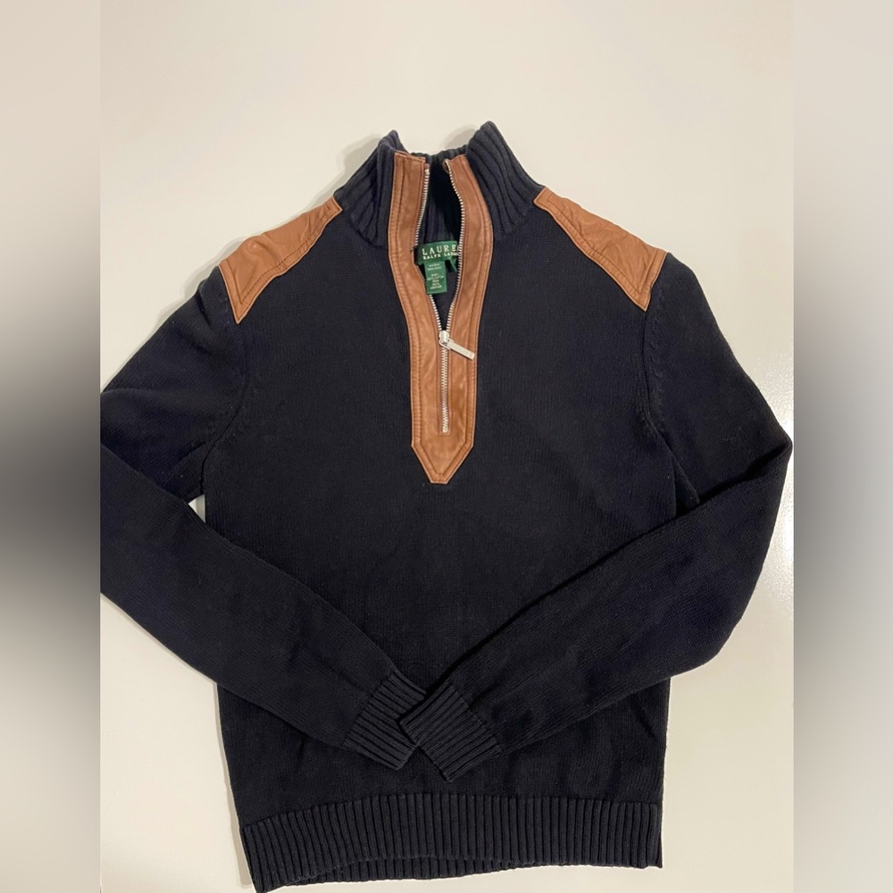 Women’s Ralph Lauren Sweater Pullover Half-Zip Black & Brown Leather, Size S